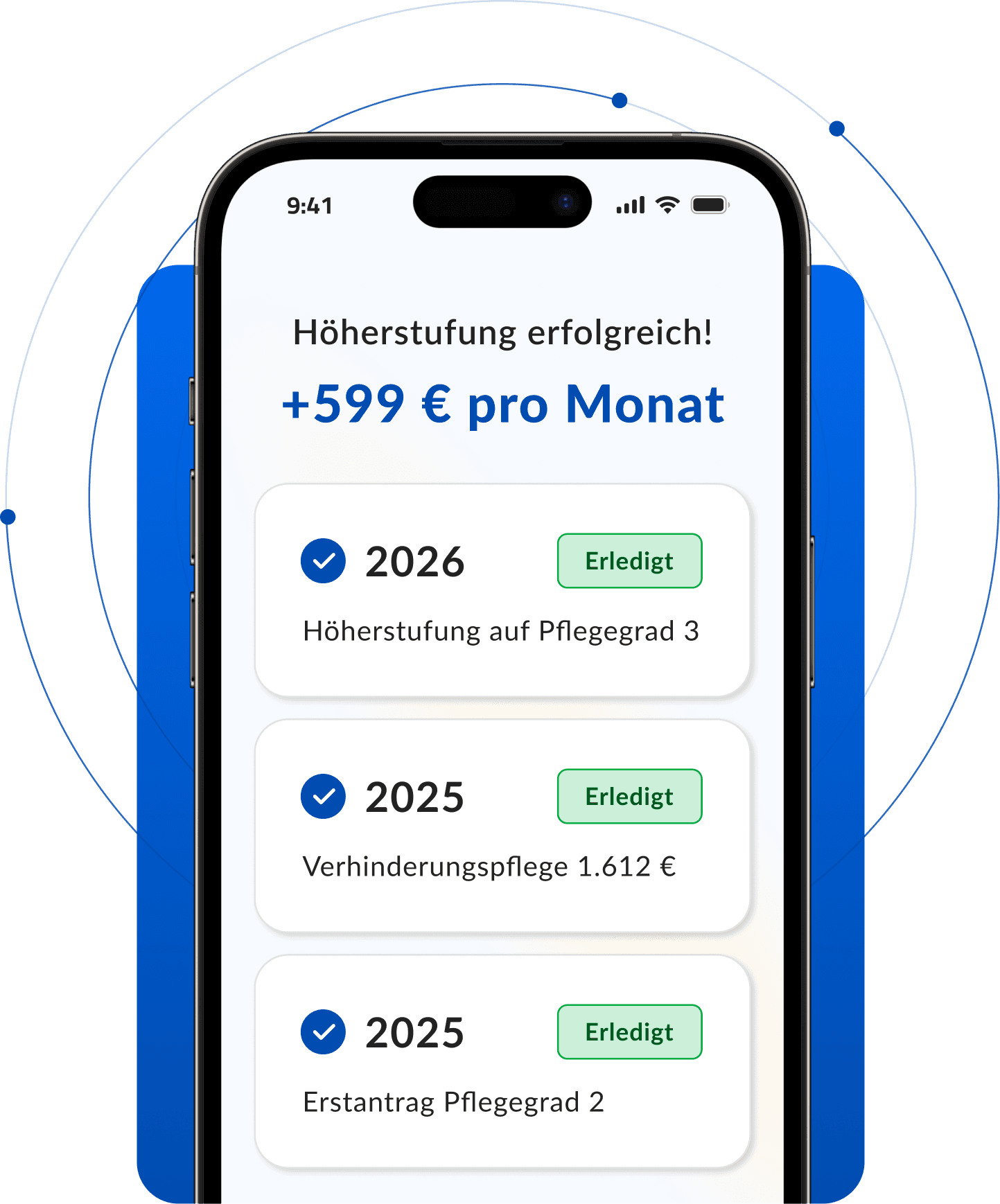 Telefonansicht mit erledigten Pflegewächter-Leistungen