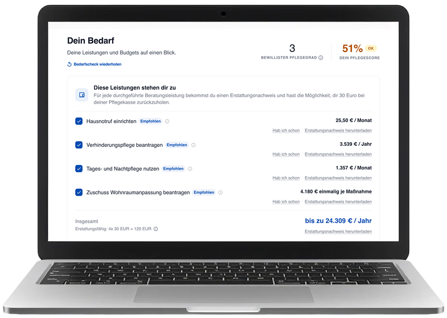 Ergebnis-Screen „Dein Bedarf“ auf einem Laptop: bewilligter Pflegegrad, Pflegescore und die Leistungen, die dir zustehen, mit den jeweiligen Beträgen